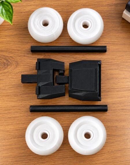 Black 3D printed stunt car with white oversized wheels on a wooden desk setup