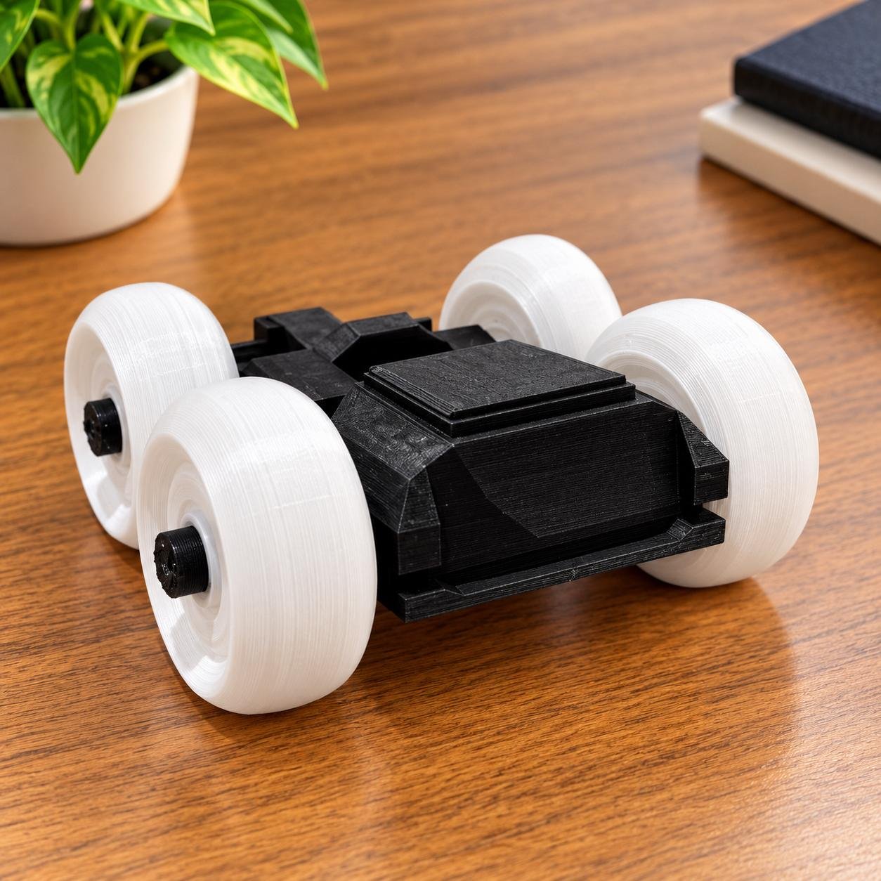 Black 3D printed stunt car with white oversized wheels on a wooden desk setup