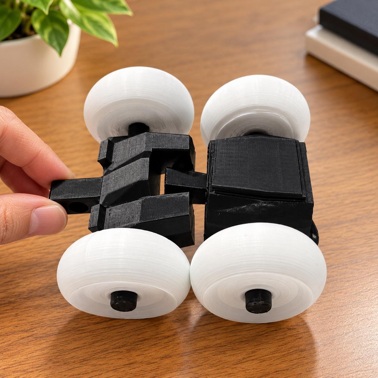 Black 3D printed stunt car with white oversized wheels on a wooden desk setup