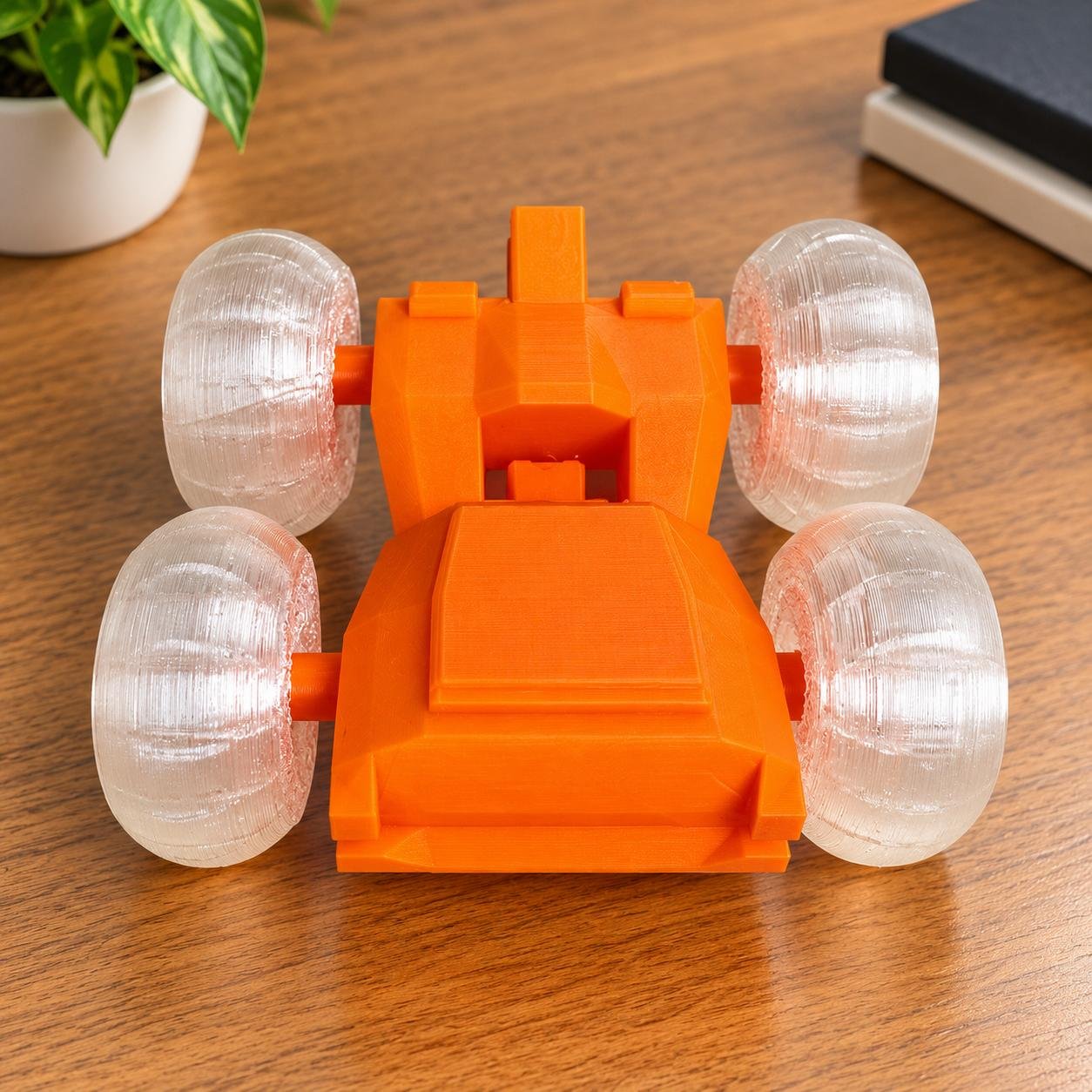 Vibrant orange 3D printed stunt car featuring translucent clear wheels on a wooden workstation