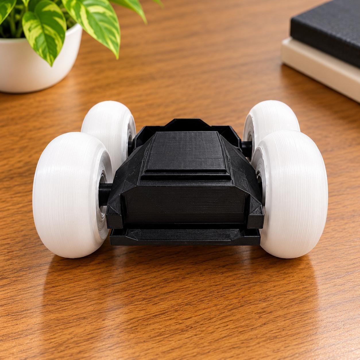 Black 3D printed stunt car with white oversized wheels on a wooden desk setup