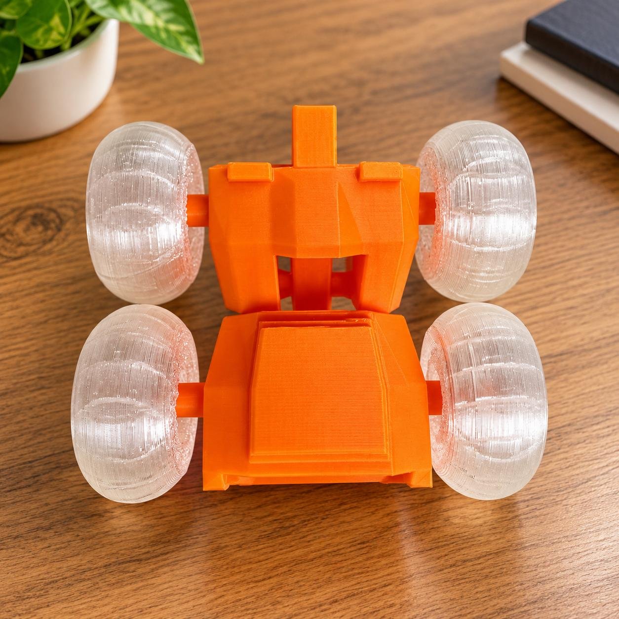 Vibrant orange 3D printed stunt car featuring translucent clear wheels on a wooden workstation