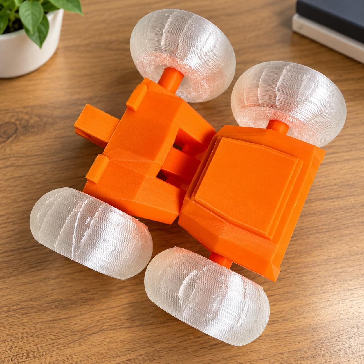 Vibrant orange 3D printed stunt car featuring translucent clear wheels on a wooden workstation