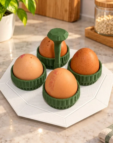 Green and white 3D printed egg holder tray holding four fresh eggs on a marble kitchen counter