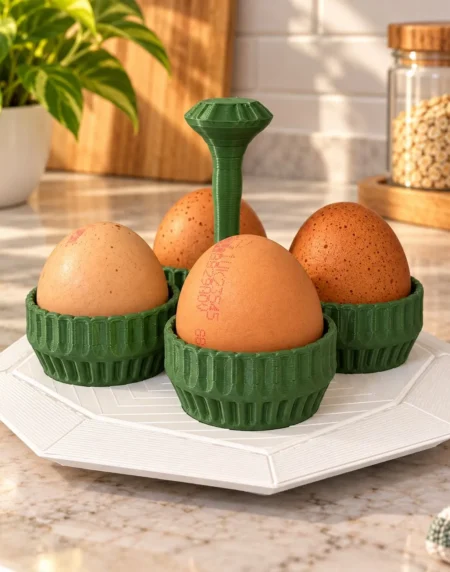 Green and white 3D printed egg holder tray holding four fresh eggs on a marble kitchen counter