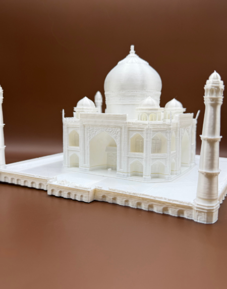 3D Printed Taj Mahal LED lamp with intricate architectural details and warm ambient lighting.