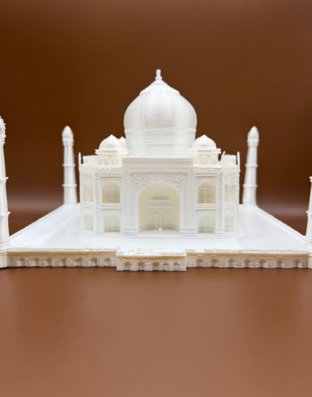 3D Printed Taj Mahal LED lamp with intricate architectural details and warm ambient lighting.