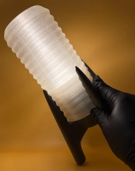 3D Printed Rechargeable Bedside Lamp components with geometric stand, translucent diffuser, rechargeable LED light and remote control