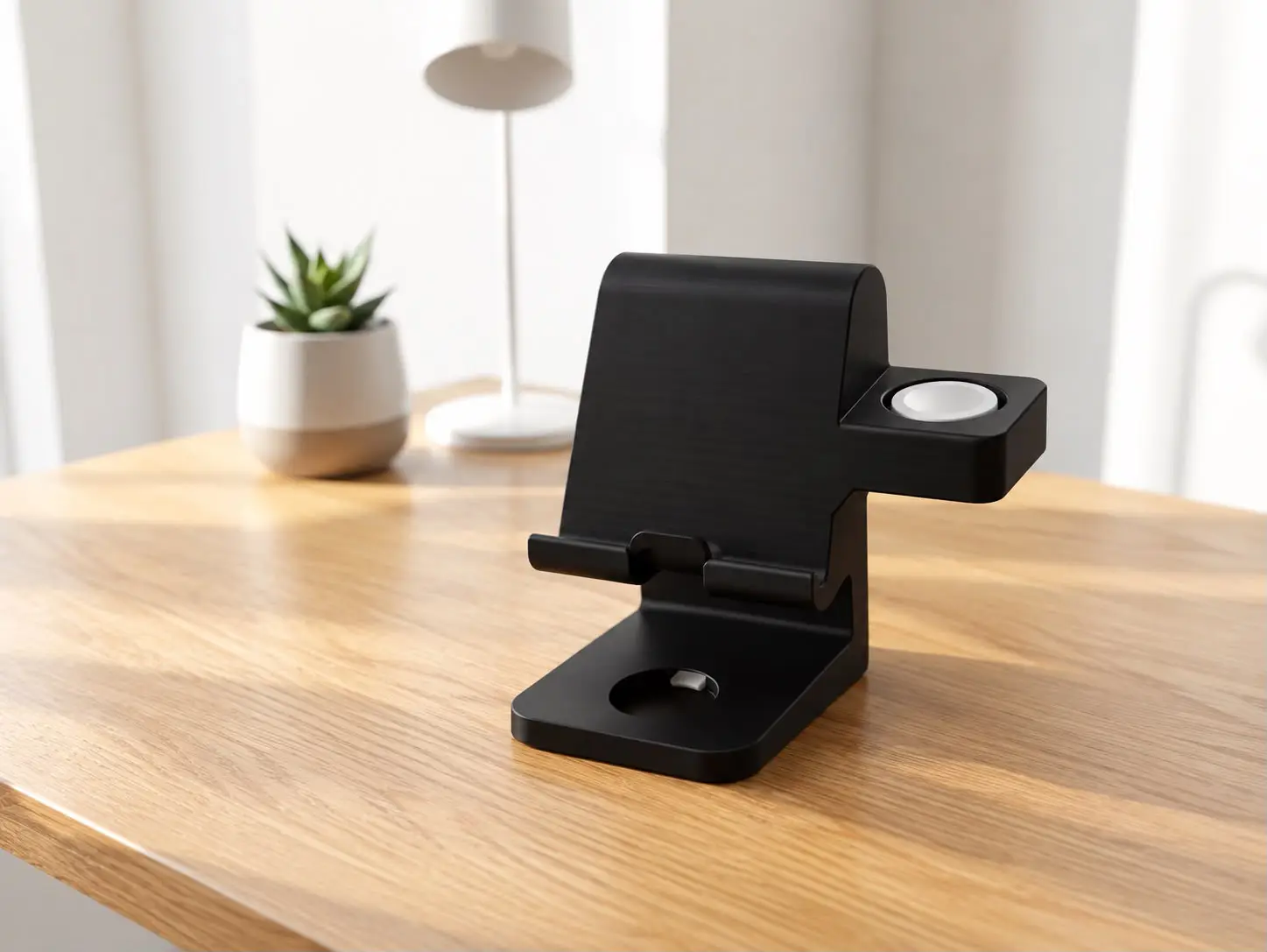 Clean white 3 in 1 3D printed charging station holding an iPhone, Apple Watch, and AirPods on a wooden desk