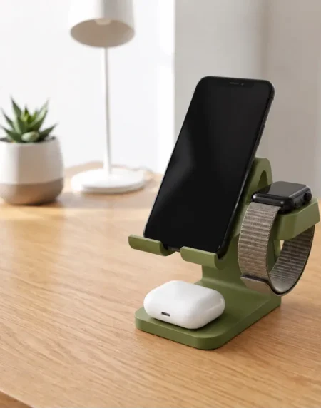 Clean white 3 in 1 3D printed charging station holding an iPhone, Apple Watch, and AirPods on a wooden desk