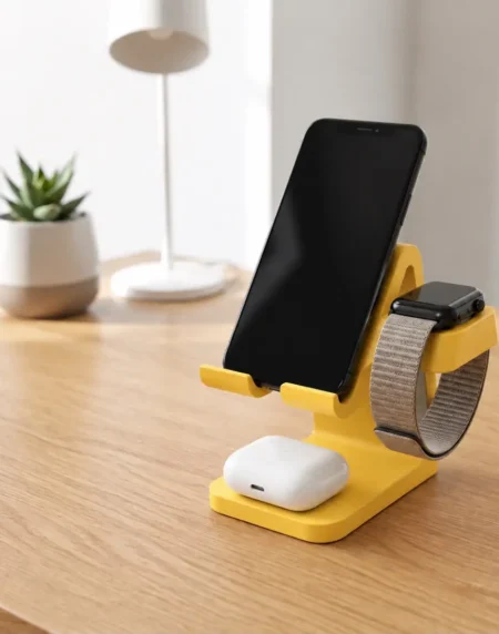 Clean white 3 in 1 3D printed charging station holding an iPhone, Apple Watch, and AirPods on a wooden desk
