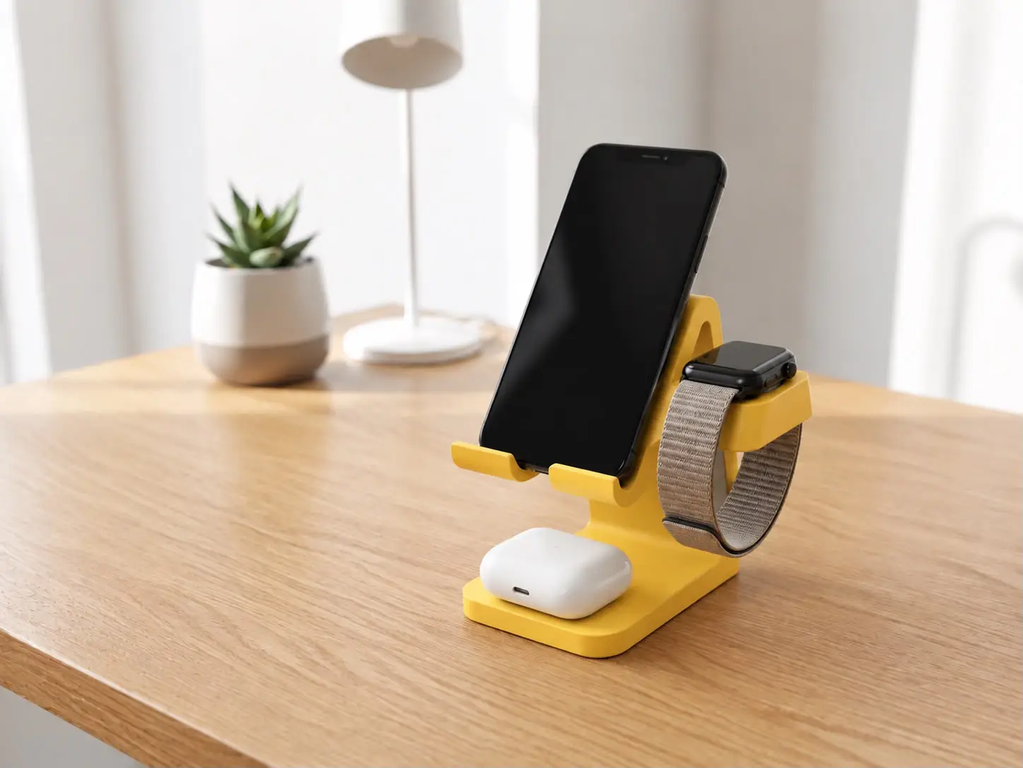 Clean white 3 in 1 3D printed charging station holding an iPhone, Apple Watch, and AirPods on a wooden desk