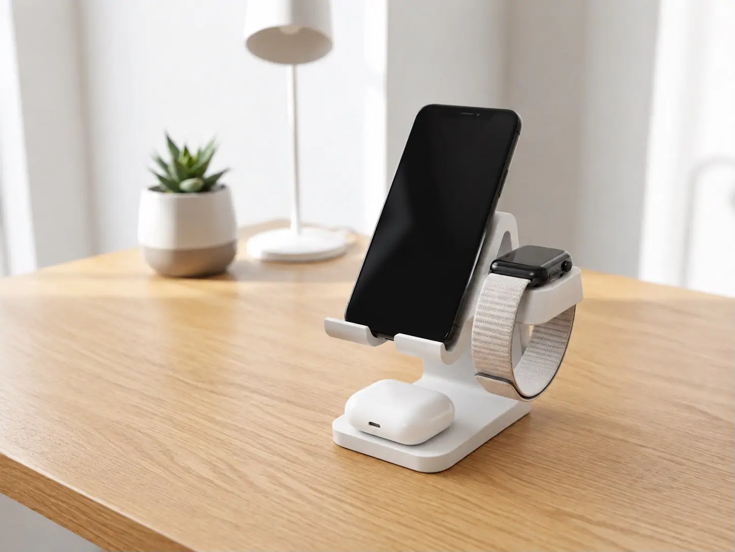 Clean white 3 in 1 3D printed charging station holding an iPhone, Apple Watch, and AirPods on a wooden desk