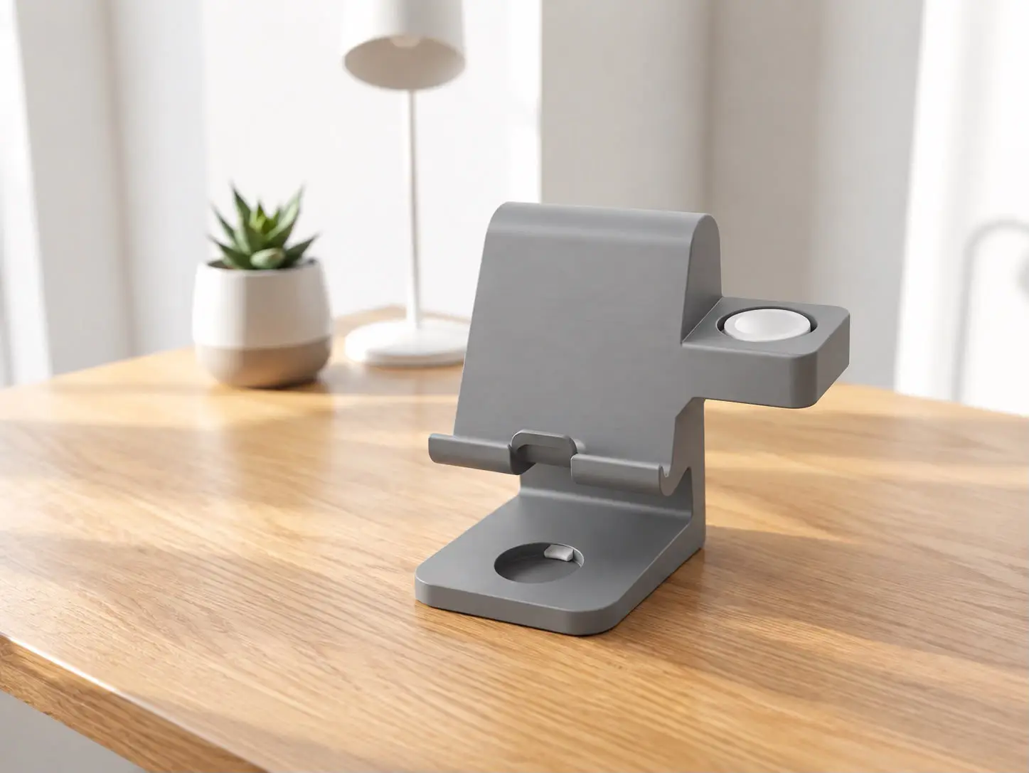 Clean white 3 in 1 3D printed charging station holding an iPhone, Apple Watch, and AirPods on a wooden desk