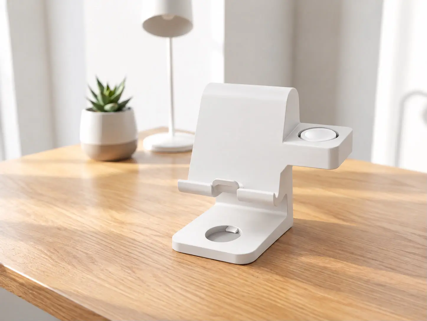 Clean white 3 in 1 3D printed charging station holding an iPhone, Apple Watch, and AirPods on a wooden desk