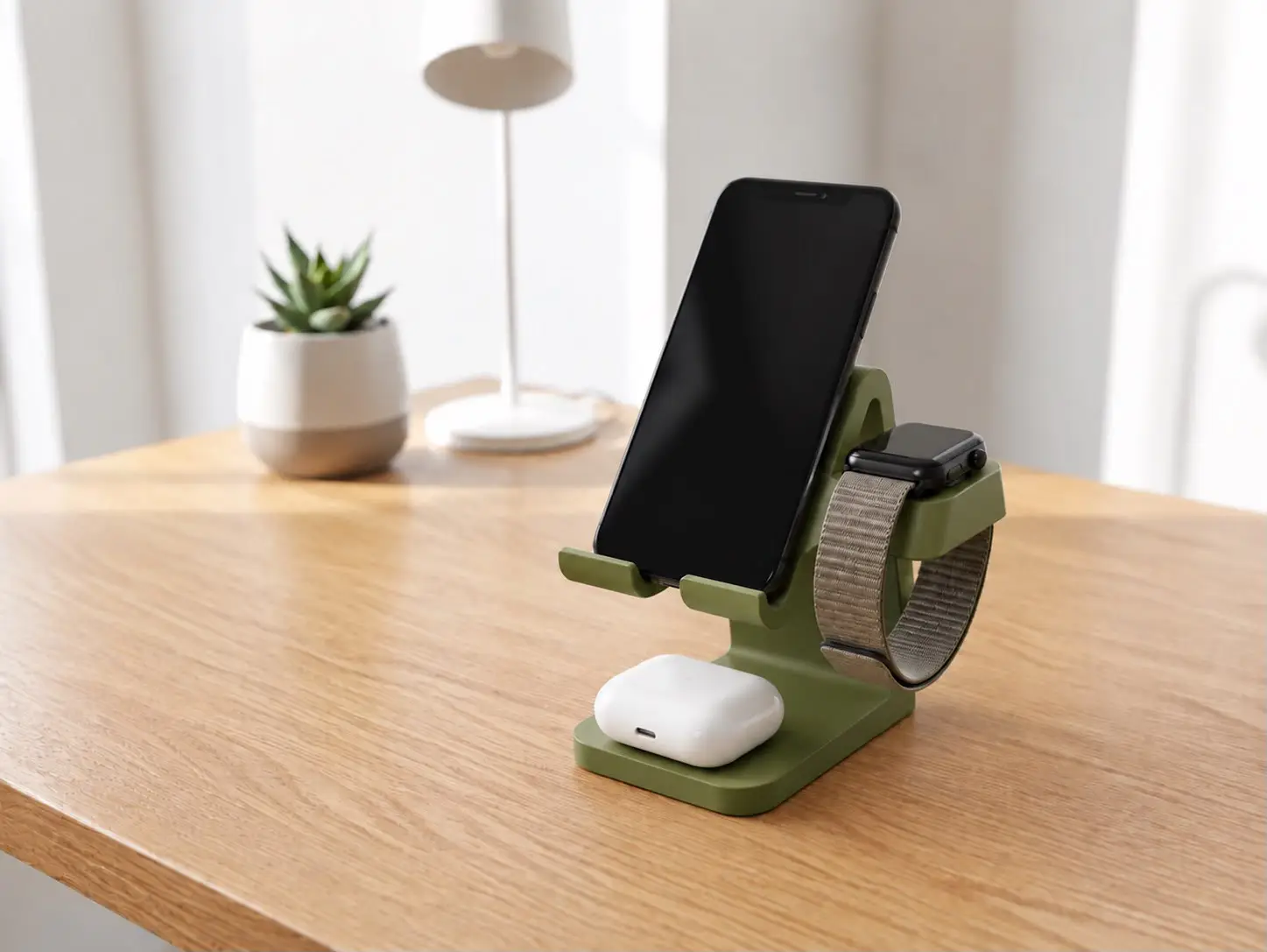Clean white 3 in 1 3D printed charging station holding an iPhone, Apple Watch, and AirPods on a wooden desk