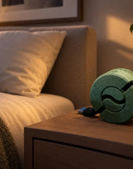 Green and grey 3D printed cable winders holding USB charging cords neatly on a wooden nightstand