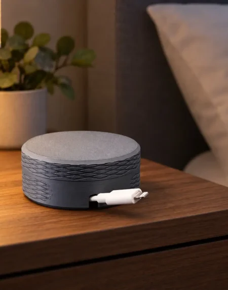 Green and grey 3D printed cable winders holding USB charging cords neatly on a wooden nightstand